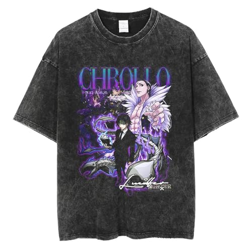 Xinnice Anime T Shirt Killua zaoldyeck/Gon Freecss Merch Kurzarm Vintage Washed Oversize Sommer Schwarz Unisex T shirt S-3XL von Xinnice