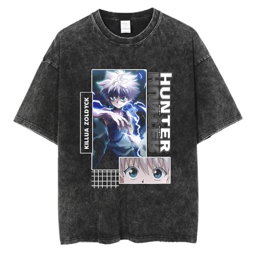 Xinnice Anime T Shirt Killua zaoldyeck/Gon Freecss Merch Kurzarm Vintage Washed Oversize Sommer Schwarz Unisex T shirt S-3XL von Xinnice