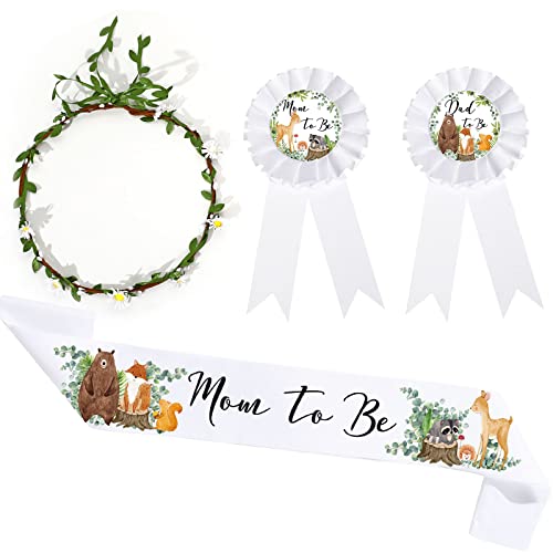 4 Stück Mom to Be Schärpe für Waldland Baby Shower Mom to Be Daddy to Be Korsage mit Sage Grüne Blatt Krone Girlande Kit Woodland Party accessoires für Mutterschaft Geschlecht offenbaren von Xinnun