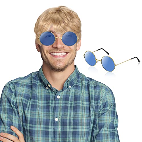 Herren Boyband Perücke Kostüm Kurze Perücken mit Runder Klassischer Sonnenbrille 80er Straße Perücke für 60er 70er 80er Halloween Party Kostüm Herren Boyband Perücke Kostüm Kurze Perücken mit Runder Klassischer Sonnenbrille 80er Straße Perücke für 60er 70er 80er Halloween Party Kostüm von Xinnun