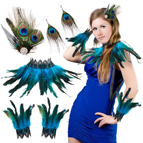 Xinnun 6 Stücke Pfauenfeder Kostümzubehör Damen 1 Pfauenfedern Haarschmuck mit Strass 1 Federschal Shrug 1 Paar Feder Manschetten 1 Paar Federohrringe für 20er Jahre Kostüm Karneval Cosplay Xinnun 6 Stücke Pfauenfeder Kostümzubehör Damen 1 Pfauenfedern Haarschmuck mit Strass 1 Federschal Shrug 1 Paar Feder Manschetten 1 Paar Federohrringe für 20er Jahre Kostüm Karneval Cosplay von Xinnun