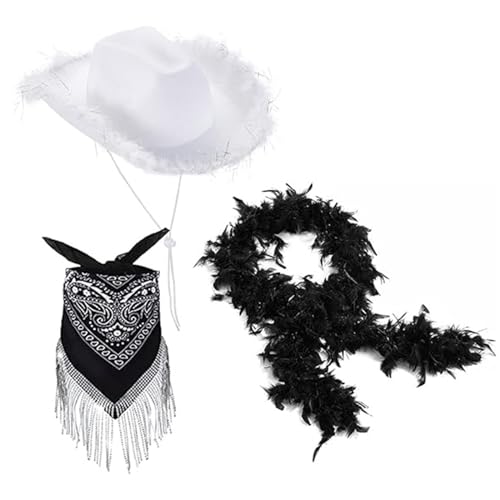 Xinsheinelry 3-teiliges Cowgirl-Hut-Set für Erwachsene, Schal, Fransen, Kopftuch, Cowgirl-Hut, Karneval, Sonnenfest, Cowgirl-Hut mit aufgerollten Krempen von Xinsheinelry