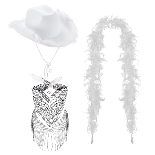 Xinsheinelry 3-teiliges Cowgirl-Hut-Set für Erwachsene, Schal, Fransen, Kopftuch, Cowgirl-Hut, Karneval, Sonnenfest, Cowgirl-Hut mit aufgerollten Krempen von Xinsheinelry