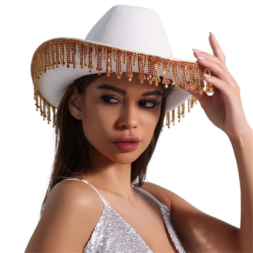 Xinsheinelry Western Lady Cosplay Roll Brims Fransen Strasshut Junggeselle Party Kopfbedeckung Accessoire von Xinsheinelry