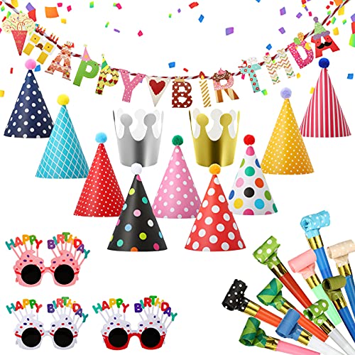 Xinstroe 25 Stück Hüte für Geburtstagsfeiern Kinder Erwachsene Set, Papierkränze, Banner Happy Birthday, Party Trompete Pfeife Dekor von Xinstroe