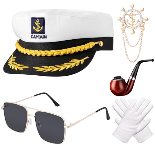 Xinstroe 5 Stück Yacht Kapitän Hut Kapitänsmütze Kostüm Set,Verstellbare Yacht Schiff Boot Marine Mütze Mit Sonnenbrille,Kapitän Prop,Handschuhe,Abzeichen für Partys Cosplay von Xinstroe