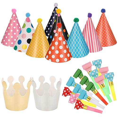 Xinstroe Lustige Party-Hüte – 9 Stück Hüte für Geburtstagsfeiern, Kegelhut mit Pon-Pon, 2 Stück Papierhut Krone für Kinder von Xinstroe