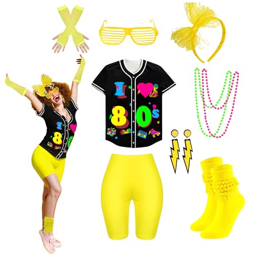 80er 90er Jahre Outfit für Damen 80er Jahre Accessoires Set Baseball Trikot Shirt Neon Shorts Slouch Socken Stirnband, Baseball-80er-Gelb, 3XL von Xintorch