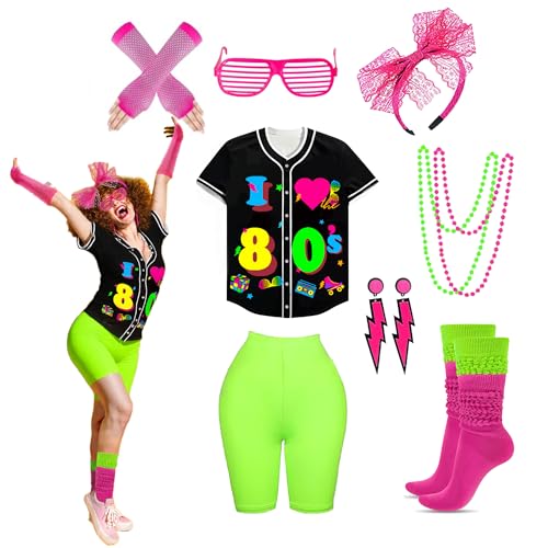 80er 90er Jahre Outfit für Damen 80er Jahre Accessoires Set Baseball Trikot Shirt Neon Shorts Slouch Socken Stirnband, Baseball-80er-Grün, M 80er 90er Jahre Outfit für Damen 80er Jahre Accessoires Set Baseball Trikot Shirt Neon Shorts Slouch Socken Stirnband, Baseball-80er-Grün, M von Xintorch
