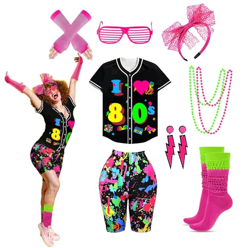 80er 90er Jahre Outfit für Damen 80er Jahre Accessoires Set Baseball Trikot Shirt Neon Shorts Slouch Socken Stirnband, Baseball-80er-Jahre-Druck, XXL von Xintorch