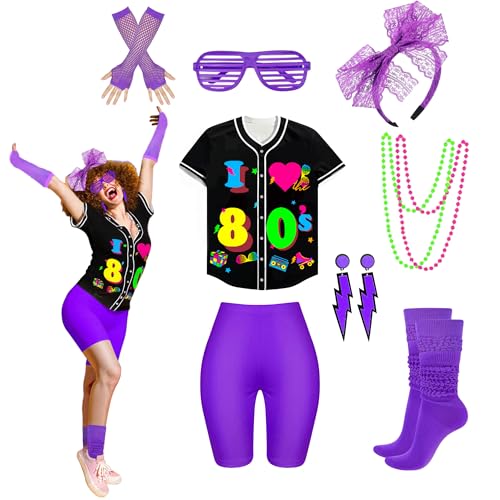80er 90er Jahre Outfit für Damen 80er Jahre Accessoires Set Baseball Trikot Shirt Neon Shorts Slouch Socken Stirnband, Baseball-80er-Jahre-Lila, L von Xintorch