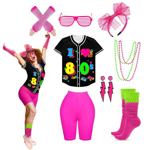 80er 90er Jahre Outfit für Damen 80er Jahre Accessoires Set Baseball Trikot Shirt Neon Shorts Slouch Socken Stirnband, Baseball-80er-Rosé, S 80er 90er Jahre Outfit für Damen 80er Jahre Accessoires Set Baseball Trikot Shirt Neon Shorts Slouch Socken Stirnband, Baseball-80er-Rosé, S von Xintorch