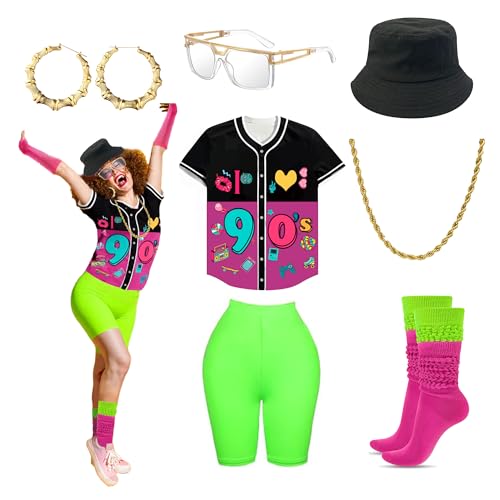 80er 90er Jahre Outfit für Damen 80er Jahre Accessoires Set Baseball Trikot Shirt Neon Shorts Slouch Socken Stirnband, Baseball-90er-Grün, S 80er 90er Jahre Outfit für Damen 80er Jahre Accessoires Set Baseball Trikot Shirt Neon Shorts Slouch Socken Stirnband, Baseball-90er-Grün, S von Xintorch