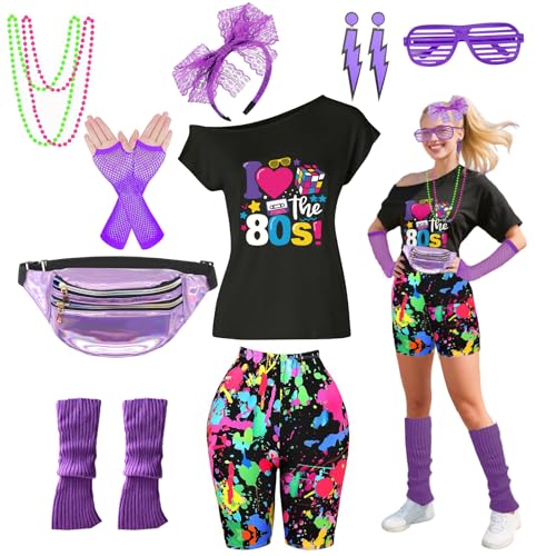 80er Jahre Outfit Damen Kostüm Zubehör Set T-Shirt Shorts Tutu Rock Neno Party Beinstulpen Stirnband, Kurzer Druck, S von Xintorch