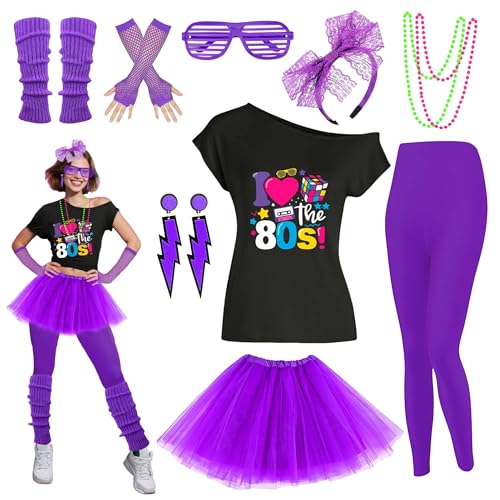 80er Jahre Outfit Damen Kostüm Zubehör Set T-Shirt Shorts Tutu Rock Neno Party Beinstulpen Stirnband, Purleg, XXL von Xintorch