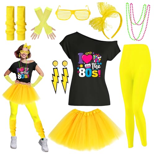 80er Jahre Outfit Damen Kostüm Zubehör Set T-Shirt Shorts Tutu Rock Neno Party Beinstulpen Stirnband, gelb, XXL von Xintorch