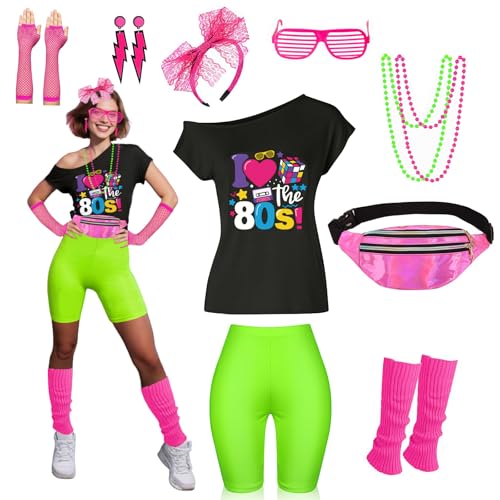 80er Jahre Outfit Damen Kostüm Zubehör Set T-Shirt Shorts Tutu Rock Neno Party Beinstulpen Stirnband von Xintorch