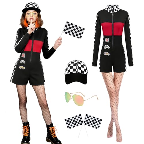 Xinxiaomeng Rennfahrer-Kostüm für Damen, 5-teilig, Renn-Kostüm, Talladega-Nacht-Outfits, Halloween, Cosplay, Rennanzug, Schwarz, X-Large von Xinxiaomeng