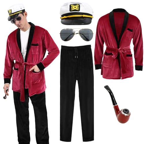 Xinxiaomeng Rote Robe-Jacken für Erwachsene, Herren, Captain Hugh Hefner, Hasenjacke, Paare, Kostüm, Halloween, Outfit, Zubehör, 5 Stück, Rot/Ausflug, einfarbig (Getaway Solids), Medium/Large von Xinxiaomeng