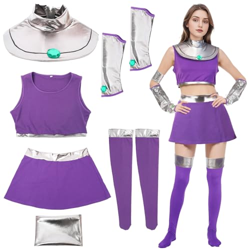 Xinxiaomeng Starfire-Kostüm für Damen, lila, Prinzessinnen-Kostüm, Uniform, Halloween-Kostüm, Cosplay-Zubehör, 6-teilig von Xinxiaomeng
