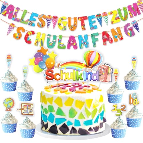 Xionghonglong Tortendeko Einschulung Mit Alles Gute Zum Schulanfang Banner, Torten Topper für Junge Mädchen Erster Schultag, Schulanfang-Partydekorationen Kuchen Xionghonglong Tortendeko Einschulung Mit Alles Gute Zum Schulanfang Banner, Torten Topper für Junge Mädchen Erster Schultag, Schulanfang-Partydekorationen Kuchen von Xionghonglong