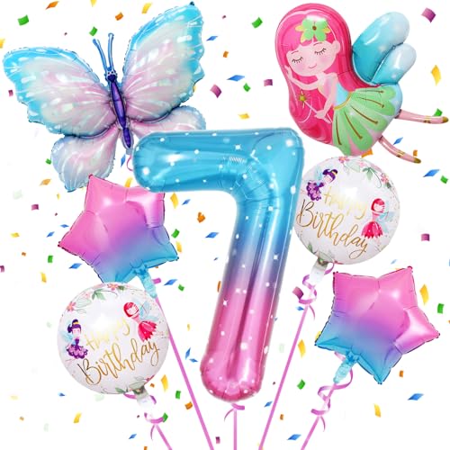 7 Jahre Geburtstag Mädchen,Schmetterling Folienballon 6 Jahre,Schmetterlinge Deko Geburtstag Mädchen 5 Jahre,Schmetterling Geburtstag Party Set zum 6. Geburtstag des Mädchens von Xionghonglong