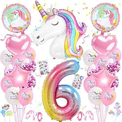 Xionghonglong Einhorn 6. Geburtstag Deko, Rosa Einhörner, Aluminiumfolienballons, Pailletten, großer Einhornballon, runde Einhornballons, sternförmige rosa Bänder von Xionghonglong