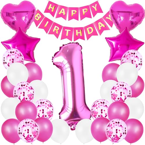 Geburtstag Luftballon Dekoration 1 Jahre Mädchen, Rosa Zahl 1. Geburtstagsdeko, Riesen Folienballon 1. Rosa, Happy Birthday Banner Kindergeburtstag Deko 1. Geburtstag Mädchen von Xionghonglong