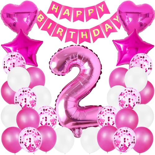 Geburtstag Luftballon Dekoration 2 Jahre Mädchen, Rosa Zahl 2. Geburtstagsdeko, Riesen Folienballon 2. Rosa, Happy Birthday Banner Kindergeburtstag Deko 2. Geburtstag Mädchen von Xionghonglong