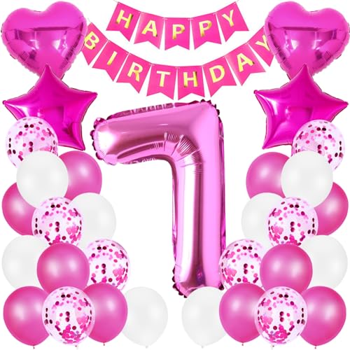 Geburtstag Luftballon Dekoration 7 Jahre Mädchen, Rosa Zahl 7. Geburtstagsdeko, Riesen Folienballon 7. Rosa, Happy Birthday Banner Kindergeburtstag Deko 7. Geburtstag Mädchen von Xionghonglong