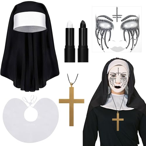 Nonne Kostüm Zubehör,Nonnen Outfit Zubehör,mit Nonnen kopfbedeckung,Kragen,Tattoo Glitzersteine Gesicht,Kreuz Kette Holz,Schwarz und Weiß Creamy Sticks,für Frauen Halloween Cosplay Karneval Kostüm Nonne Kostüm Zubehör,Nonnen Outfit Zubehör,mit Nonnen kopfbedeckung,Kragen,Tattoo Glitzersteine Gesicht,Kreuz Kette Holz,Schwarz und Weiß Creamy Sticks,für Frauen Halloween Cosplay Karneval Kostüm von Xionghonglong