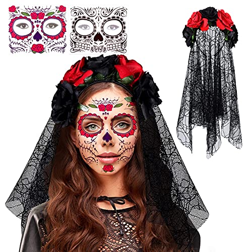 Tag der Toten Schleier Halloween,Tag der Toten Haarreif,Halloween Schleier Rosen,Rose Floral Crown Schleier Halloween,Damen Tag der Toten Haarschmuck,Kommt mit Mesh und 2 Gesichtstattoos,womens Tag der Toten Schleier Halloween,Tag der Toten Haarreif,Halloween Schleier Rosen,Rose Floral Crown Schleier Halloween,Damen Tag der Toten Haarschmuck,Kommt mit Mesh und 2 Gesichtstattoos,womens von Xionghonglong