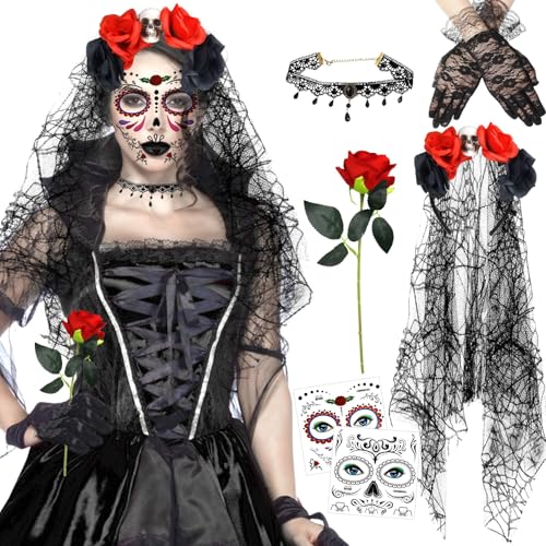 7 Pcs Halloween Kostüm Damen,Dia De Los Muertos Haarreif Schleier,Halloween Haarreif,Künstliche Blumen Rose,Spitzenhandschuhe Schwarz,Halloween Gesicht Tattoos,Halskette,Damen Kostüm Accessoires von Xionghonglong