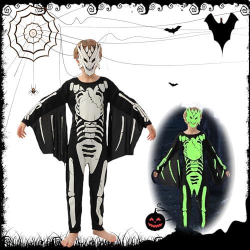 Xiujuers Halloween Skelett Kostüm Kinder, Skelett Overall Kinder mit Maske und Schwanz, Skelett Kostüm Kinder Leuchtend, Skelett Kostüm Jungen, Skelett Anzug Kinder, Skeleton Costum (L) von Xiujuers