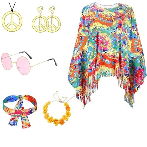 Xiujuers Hippie Kostüm Damen Set, Faschingskostüme Damen Hippie mit Halskette, Stirnband, Ohrringen und Brille, Karneval Kostüm Damen Hippie, 70er Jahre Kostüm Damen, Hippie Kleidung Damen Xiujuers Hippie Kostüm Damen Set, Faschingskostüme Damen Hippie mit Halskette, Stirnband, Ohrringen und Brille, Karneval Kostüm Damen Hippie, 70er Jahre Kostüm Damen, Hippie Kleidung Damen von Xiujuers
