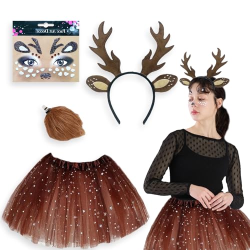 Xiujuers Rentier Kostüm Damen, Karneval Kostüm Damen, Reh Kostüm Damen, Reh Kostüm Mädchen con Geweih Haarreif und Gesichtsaufkleber, Rehkitz Kostüm Damen, Hirsch Kostüm Damen für Cosplay, Karneval Xiujuers Rentier Kostüm Damen, Karneval Kostüm Damen, Reh Kostüm Damen, Reh Kostüm Mädchen con Geweih Haarreif und Gesichtsaufkleber, Rehkitz Kostüm Damen, Hirsch Kostüm Damen für Cosplay, Karneval von Xiujuers
