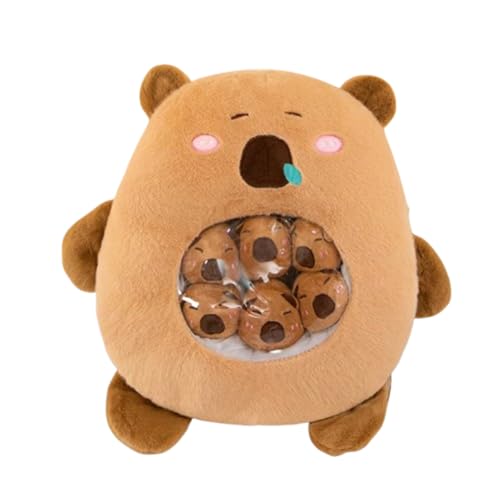 Capybara Plüsch mit 6 niedlichen Babies Capybara Stofftiere, eine Tasche mit Capybara Tier Snack Kissen, Super Soft Capybara Plüsch Puppe Kissen für Baby Jungen Mädchen Spielzeug (50 cm,hellbraun) von Xiyocadt