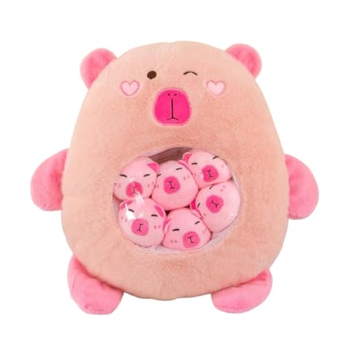 Capybara Plüsch mit 6 niedlichen Babies Capybara Stofftiere, eine Tasche mit Capybara Tier Snack Kissen, Super Soft Capybara Plüsch Puppe Kissen für Baby Jungen Mädchen Spielzeug (50 cm,Rosa) von Xiyocadt
