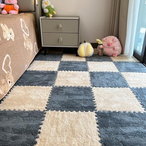 Xiyocadt 10 Stück Puzzleteppich Flauschig, 30x30 cm Puzzle Teppich Matte, Anti-Rutsch Schaumstoff-Bodenmatten für Schlafzimmer, Wohnzimmer (Apricot+Grau,30x30x1 cm) von Xiyocadt