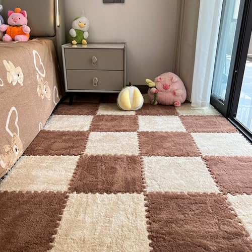 Xiyocadt 10 Stück Puzzleteppich Flauschig, 30x30 cm Puzzle Teppich Matte, Anti-Rutsch Schaumstoff-Bodenmatten für Schlafzimmer, Wohnzimmer (Apricot+Kaffee,30x30x0.6 cm) von Xiyocadt