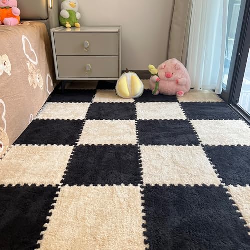 Xiyocadt 10 Stück Puzzleteppich Flauschig, 30x30 cm Puzzle Teppich Matte, Anti-Rutsch Schaumstoff-Bodenmatten für Schlafzimmer, Wohnzimmer (Apricot+Schwarz,30x30x1 cm) von Xiyocadt