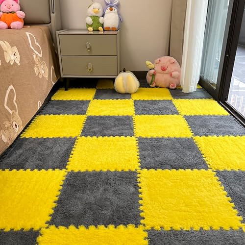 Xiyocadt 10 Stück Puzzleteppich Flauschig, 30x30 cm Puzzle Teppich Matte, Anti-Rutsch Schaumstoff-Bodenmatten für Schlafzimmer, Wohnzimmer (Grau+Gelb,30x30x1 cm) von Xiyocadt