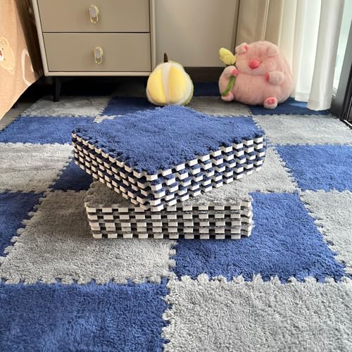 Xiyocadt 10 Stück Puzzleteppich Flauschig, 30x30 cm Puzzle Teppich Matte, Anti-Rutsch Schaumstoff-Bodenmatten für Schlafzimmer, Wohnzimmer (Grau+Marineblau,30x30x0.6 cm) von Xiyocadt