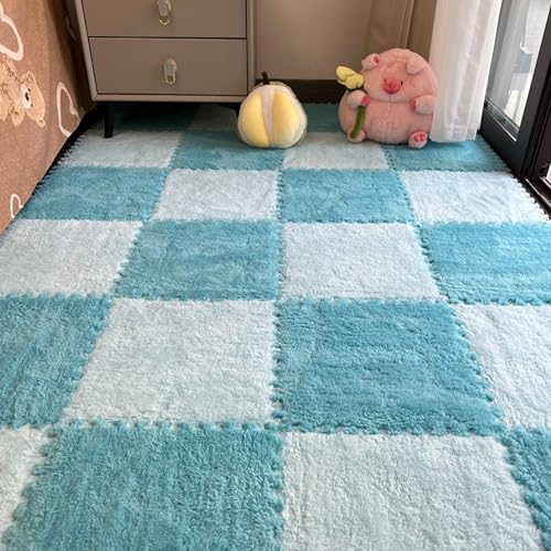 Xiyocadt 10 Stück Puzzleteppich Flauschig, 30x30 cm Puzzle Teppich Matte, Anti-Rutsch Schaumstoff-Bodenmatten für Schlafzimmer, Wohnzimmer (Hellblau+Blau,30x30x0.6 cm) von Xiyocadt