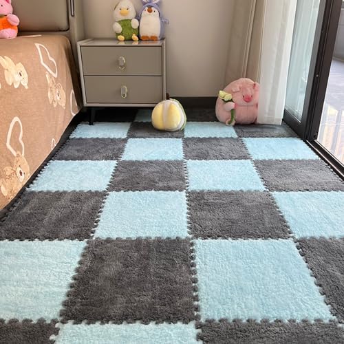 Xiyocadt 10 Stück Puzzleteppich Flauschig, 30x30 cm Puzzle Teppich Matte, Anti-Rutsch Schaumstoff-Bodenmatten für Schlafzimmer, Wohnzimmer (Hellblau+Grau,30x30x0.6 cm) von Xiyocadt