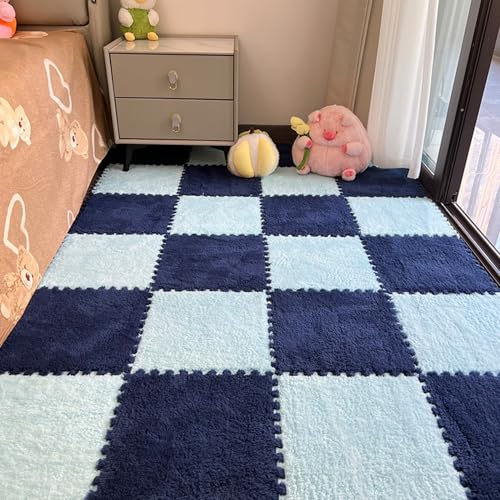 Xiyocadt 10 Stück Puzzleteppich Flauschig, 30x30 cm Puzzle Teppich Matte, Anti-Rutsch Schaumstoff-Bodenmatten für Schlafzimmer, Wohnzimmer (Hellblau+Marineblau,30x30x0.6 cm) von Xiyocadt