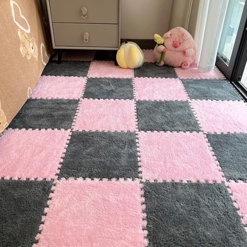 Xiyocadt 10 Stück Puzzleteppich Flauschig, 30x30 cm Puzzle Teppich Matte, Anti-Rutsch Schaumstoff-Bodenmatten für Schlafzimmer, Wohnzimmer (Rosa+Grau,30x30x1 cm) von Xiyocadt