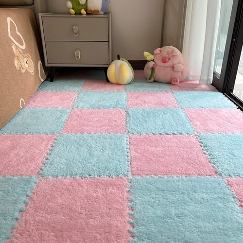 Xiyocadt 10 Stück Puzzleteppich Flauschig, 30x30 cm Puzzle Teppich Matte, Anti-Rutsch Schaumstoff-Bodenmatten für Schlafzimmer, Wohnzimmer (Rosa+Hellblau,30x30x0.6 cm) von Xiyocadt