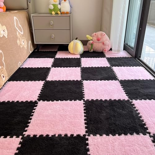 Xiyocadt 10 Stück Puzzleteppich Flauschig, 30x30 cm Puzzle Teppich Matte, Anti-Rutsch Schaumstoff-Bodenmatten für Schlafzimmer, Wohnzimmer (Rosa+Schwarz,30x30x1 cm) von Xiyocadt
