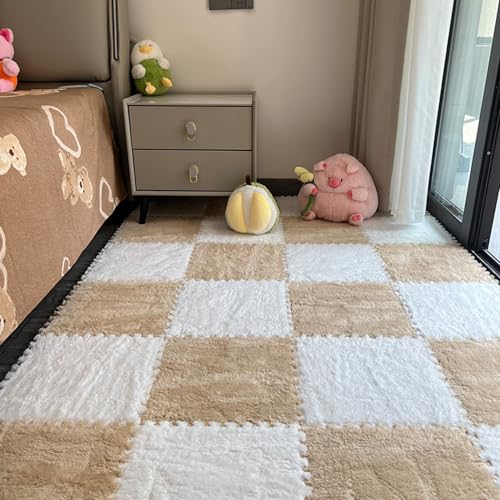 Xiyocadt 10 Stück Puzzleteppich Flauschig, 30x30 cm Puzzle Teppich Matte, Anti-Rutsch Schaumstoff-Bodenmatten für Schlafzimmer, Wohnzimmer (Weiß+Apricot,30x30x1 cm) von Xiyocadt